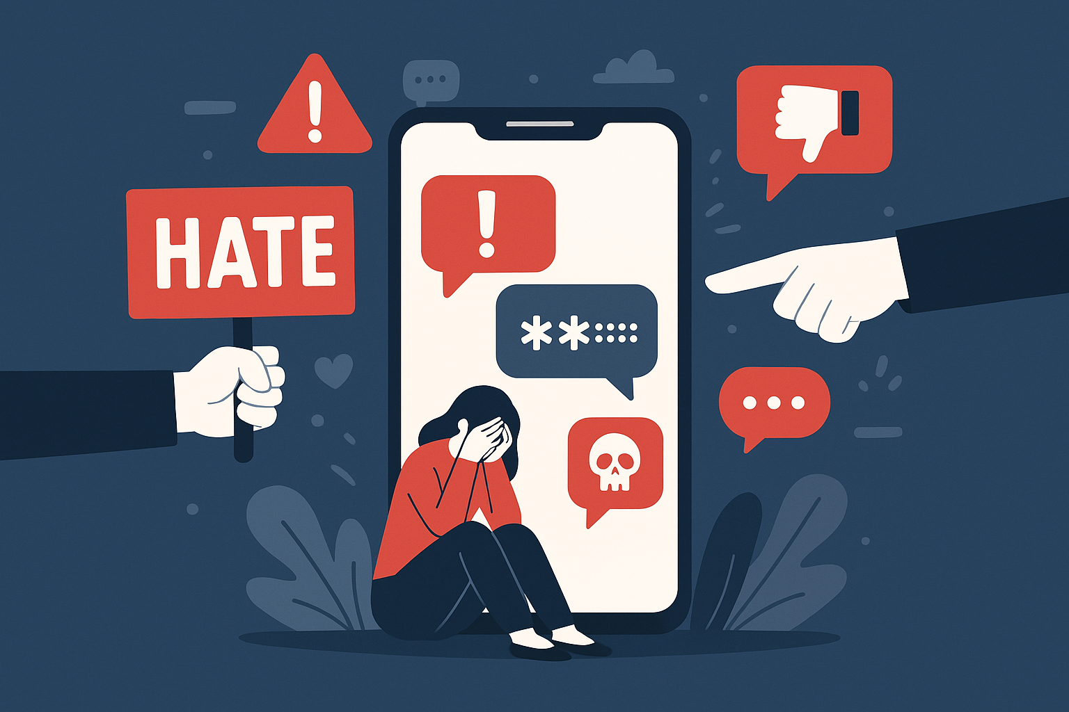 Wütender Mann am Computer schreibt Hasskommentare - Illustration zeigt Täter von Online-Hass und Cybermobbing, der anonym im Internet andere Menschen beleidigt